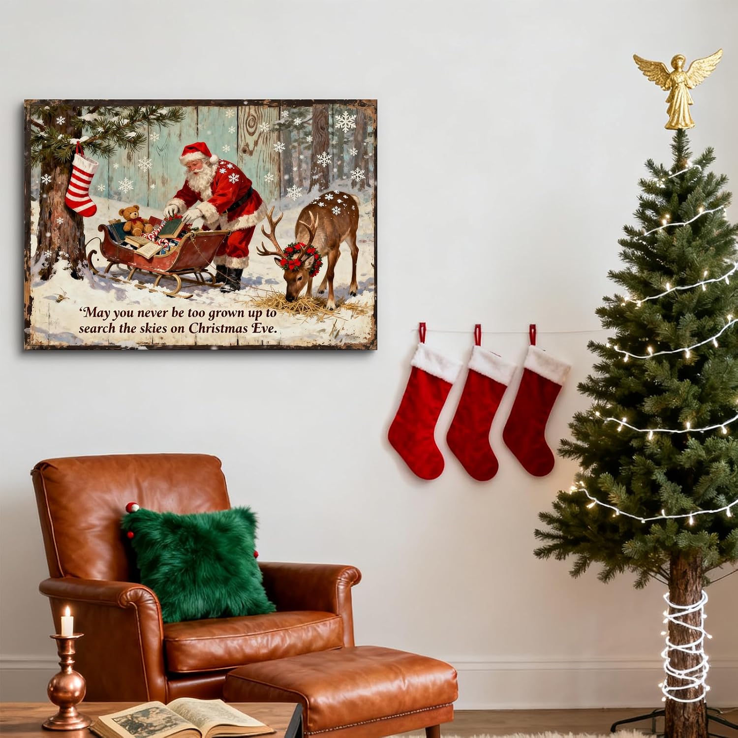 Vintage Christmas Tree Framed Canvas Wall Art, Rustic Santa Reindeer Sleigh Pictures Wall Decor, Classic Santa Festive Snowy Forest Winter Prints for Living Room Bedroom Christmas Gift 16x24inch