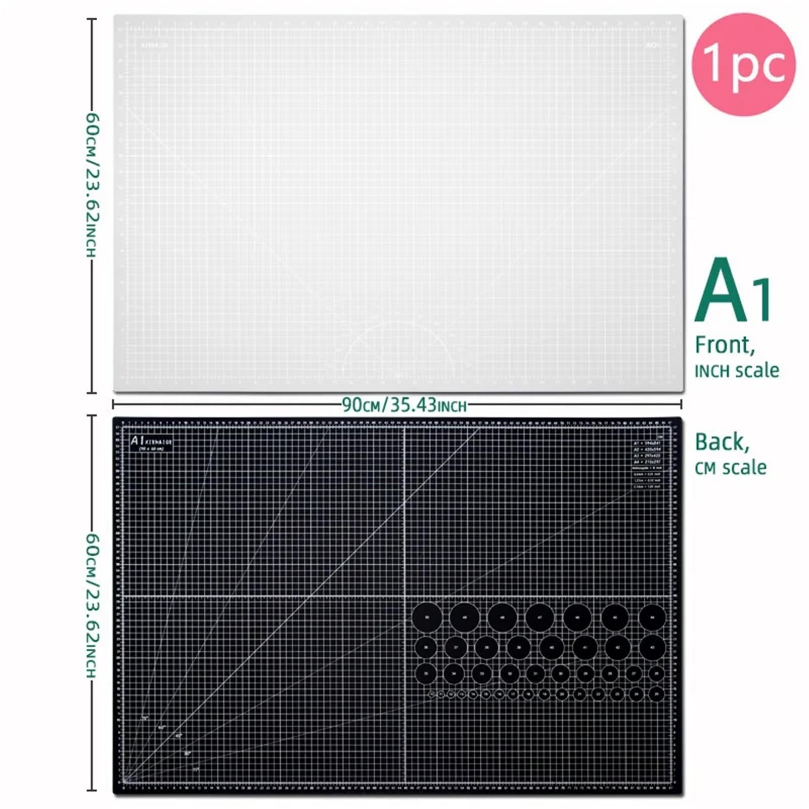 Tapete de corte A1 doble color Heigl, 35,43'' x 23,62'', almohadilla papel autocurativa multiusos PVC cara(Black grey)