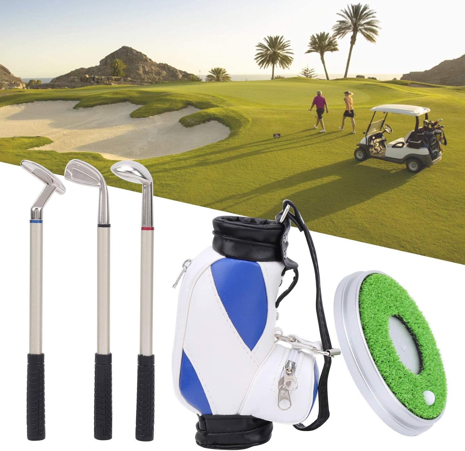 Desktop Office Golf Pens with Bag, Golf Bag Pen Holder, Souvenir Set for Fathers Fans Men Golfer(Blue and White)