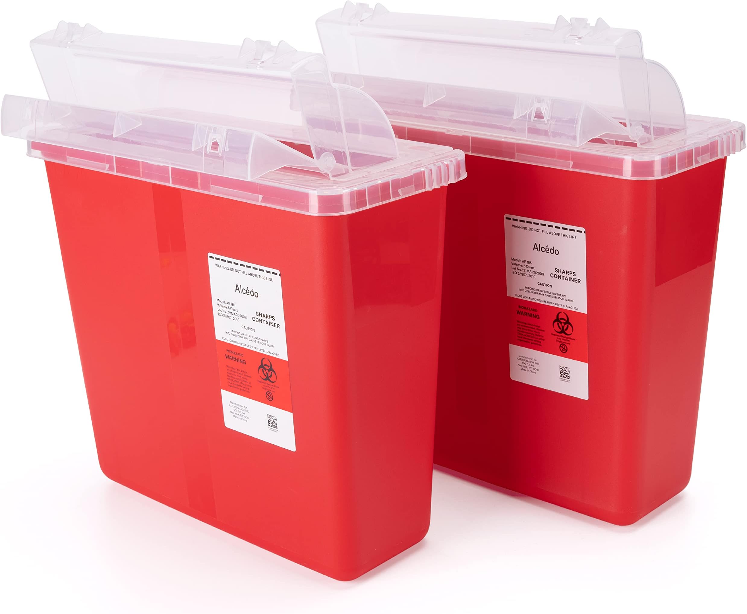 Alcedo Sharps Container for Home and Professional Use 5 Quart (2 Pack), Biohazard Needle and Syringe Disposal, Mailbox Style Lid, Medical Grade