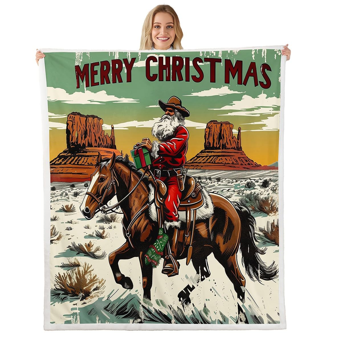 Couverture Père Noël cowboy 150x200cm, le cadeau de Joyeux Noël pour enfant