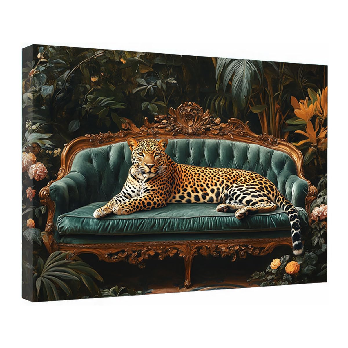 TZKRWRH Leopard Canvas Print Animals Preppy Poster Leopard on Green Sofa Cheetah Modern Maximalist Boho Wall Art Panther Painting Vintage Canvas Office(Green 12)-70x100cm Framed