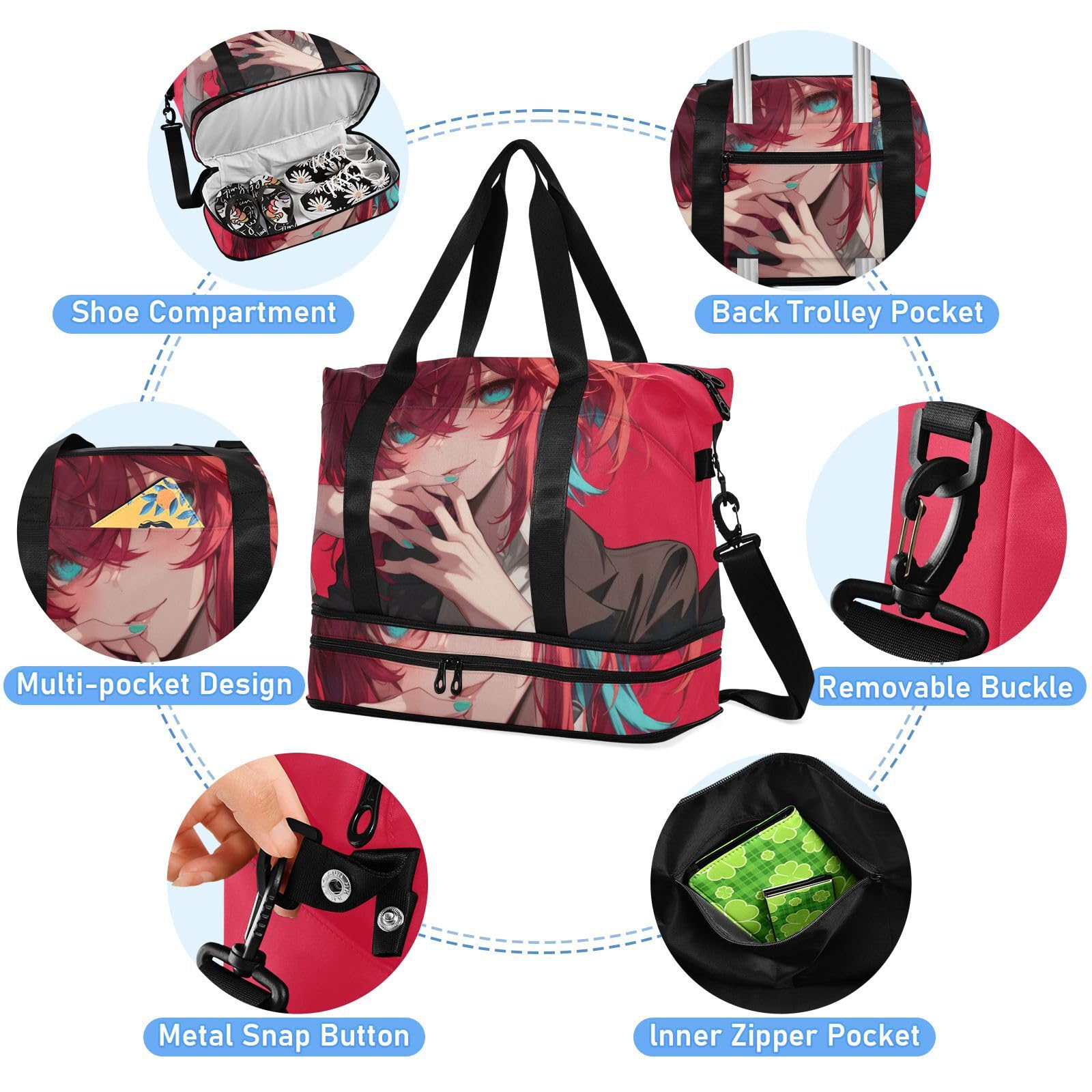 Anime Cool Red Bolsa de viaje con bolsillo húmedo, correa ajustable, bolsa de entrenamiento para viajes de negocios, multifuncional para hombres y mujeres