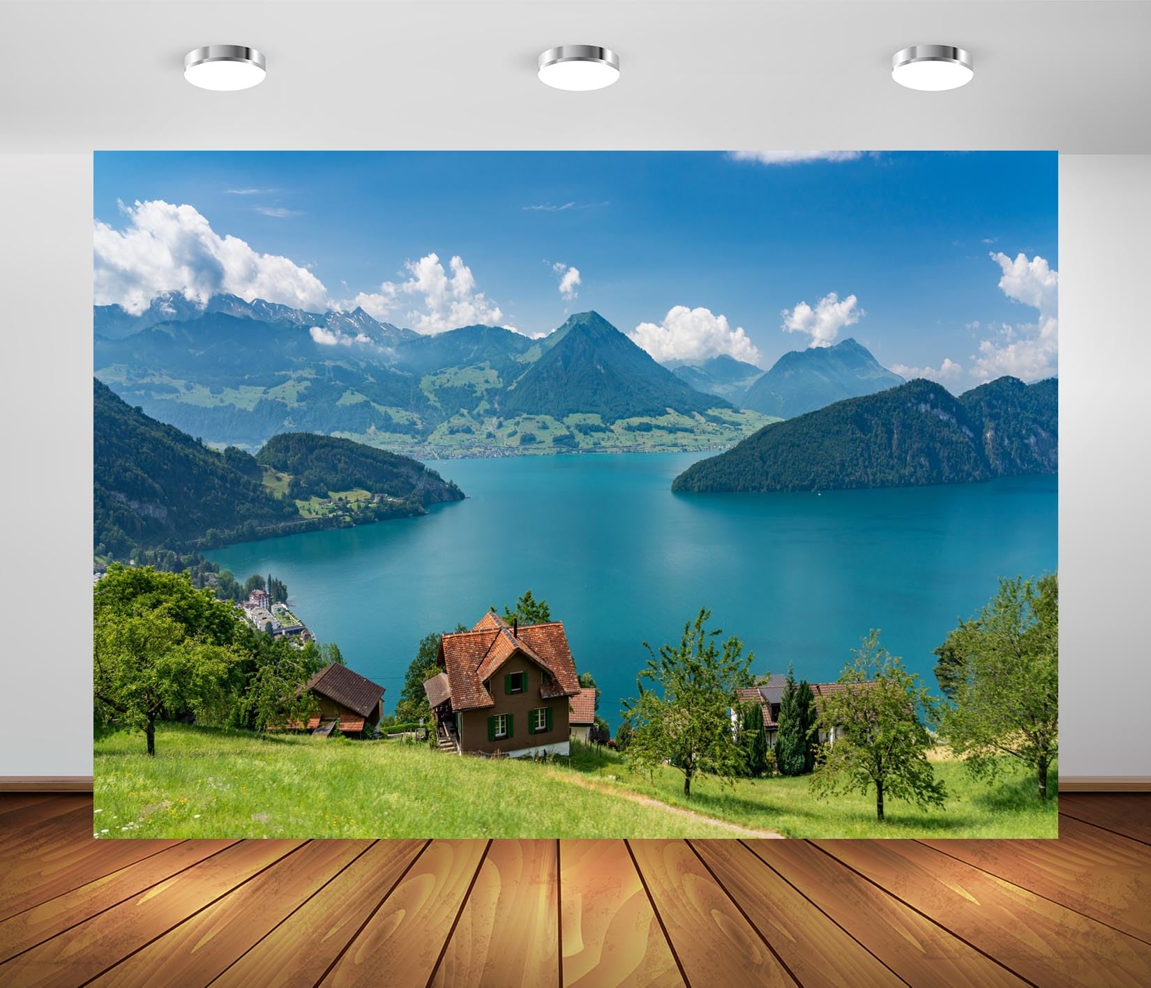BELECO 8x6ft Fabric Green Alps and Lake Lucerne Backdrop Swiss Alps Mountains Green Lake Small Village Scenery Background Outdoor Vacation Kids Adults