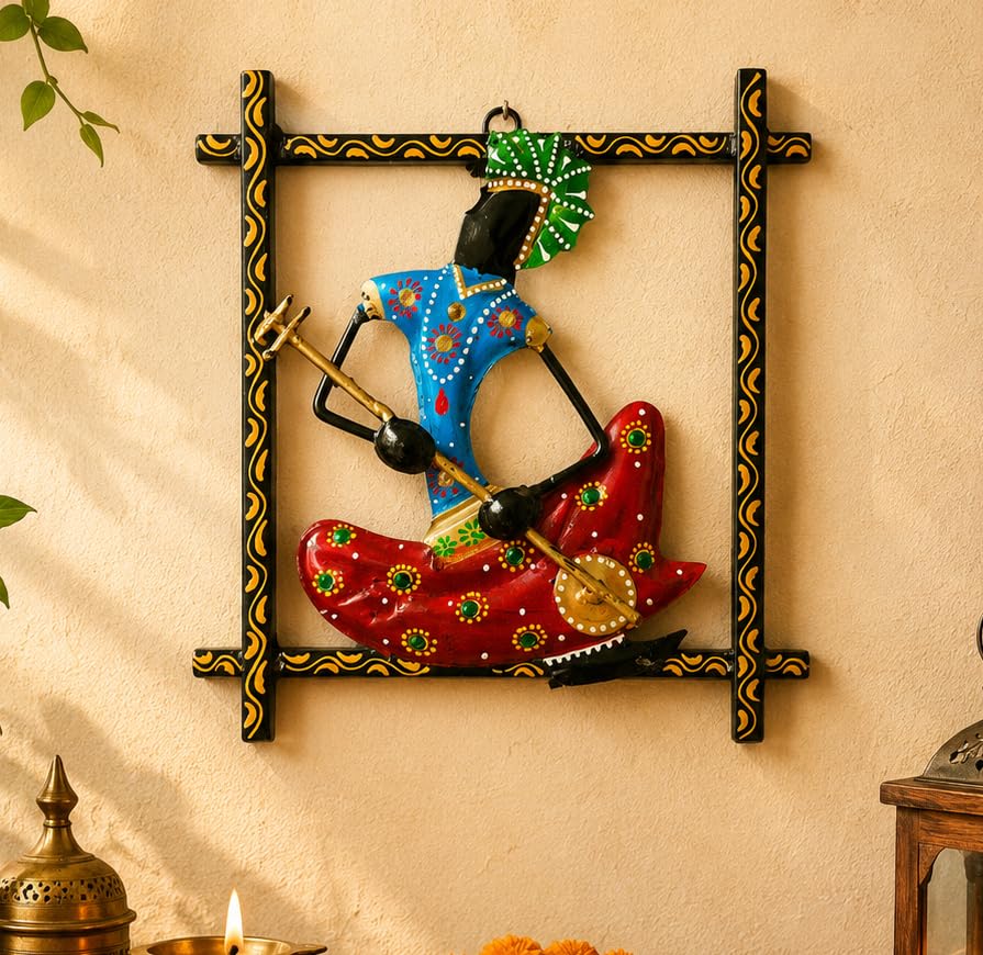 Image of iHandikart Handmade Metal Wall Art Sculpture for Home Decor | Traditional Rajasthani Musician Wall Hanging | Hand-Painted Iron Wall Art with Stone Work | Wall Art for Living Room & Bedroom | 9 x 9 Inch