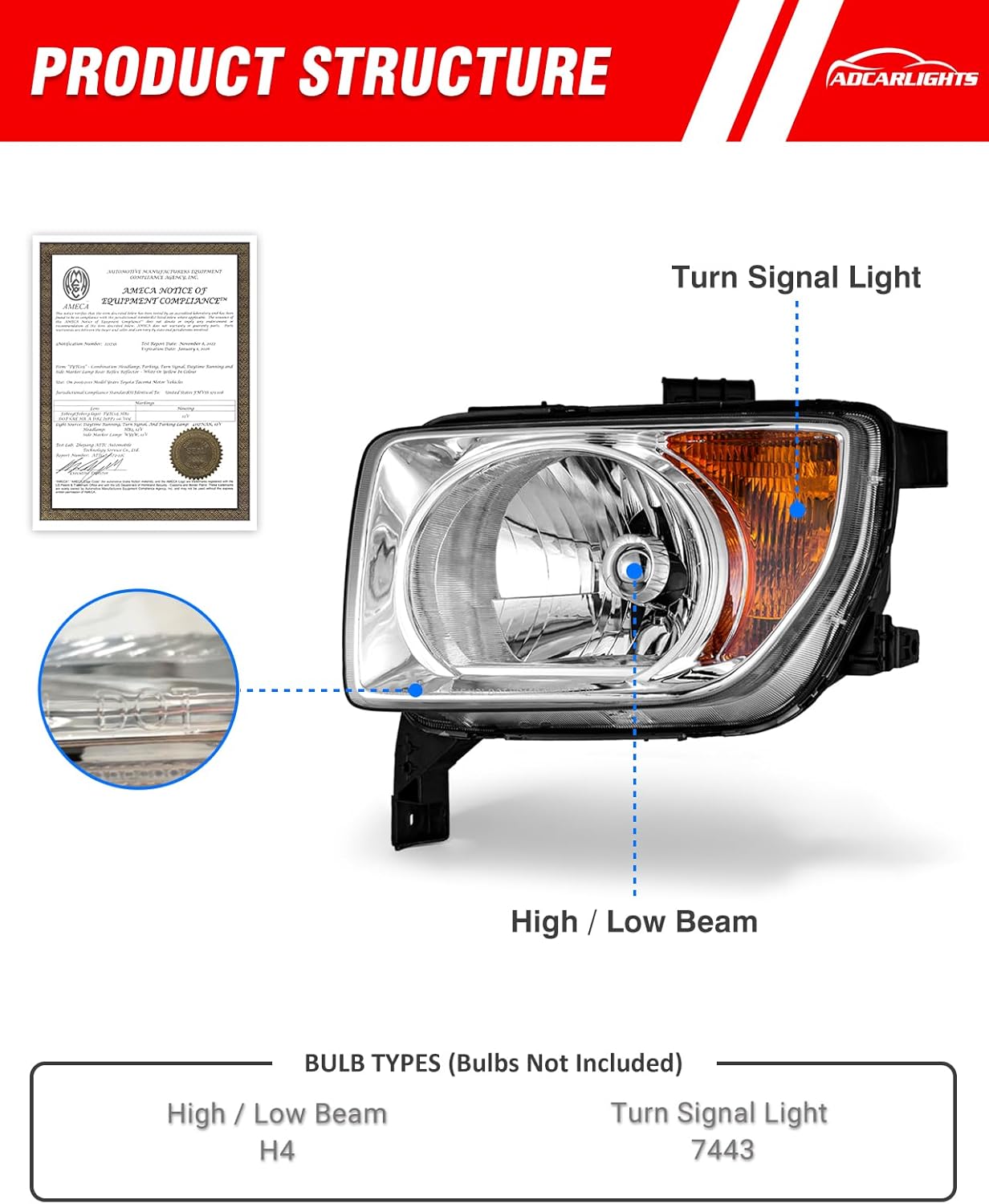 fits Honda Element 2003 2004 2005 2006 Headlight Assembly 2003-2006 Element halogen Headlamp Chrome Housing Amber Reflector Driver Side and Passenger Side Replacement (Bulb Not Included)（W/O Bulbs）