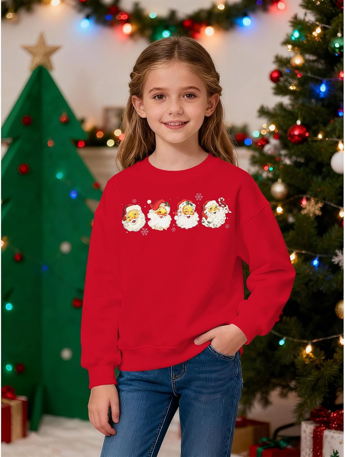 GLIGLITTR Kids Girls Christmas Sweatshirts Cute Santa Claus Crewneck Pullover Top Xmas Holiday Long Sleeve Shirt Outfit 6-11Y