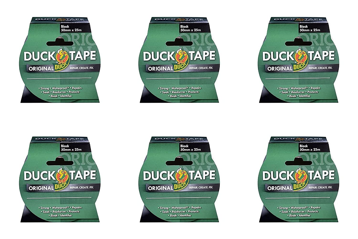 Duck 211109.6 Lot de 6 rubans adhésifs Noir 50 mm x 25 m