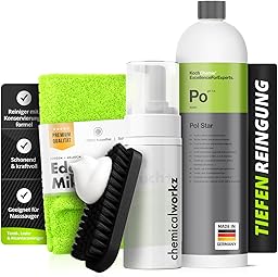 Pol Star Basic Set: Koch Chemie Pol Star Textil Leder Alcantara Reiniger 1L + Foam Bottle 150ml + Bürste + Mikrofasertuch 40×40 | Schaumauftrag für kontrollierte Reinigung & saubere Abnahme | 4-teilig