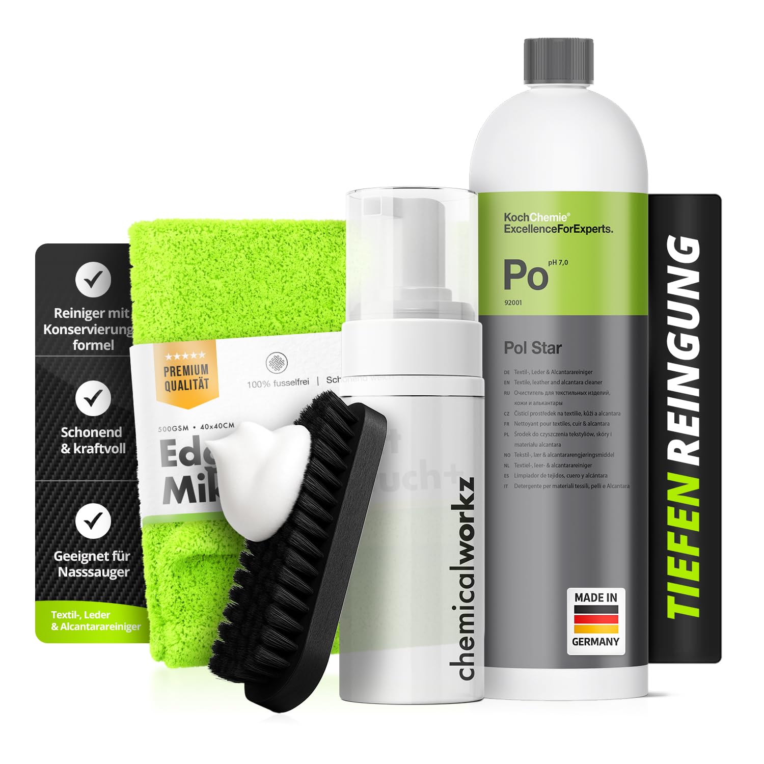 Pol Star Basic Set: Koch Chemie Pol Star Textil Leder Alcantara Reiniger 1L + Foam Bottle 150ml + Bürste + Mikrofasertuch 40×40 | Schaumauftrag für kontrollierte Reinigung & saubere Abnahme | 4-teilig