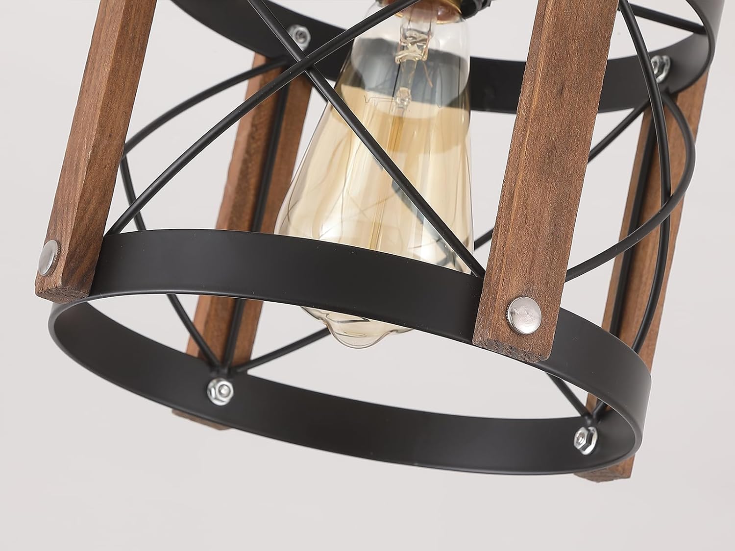 Rustic Farmhouse Wood Flush Mount Ceiling Light Fixture Oak Wood and Metal Round Cage Small Semi Flush Mount Ceiling Light for Kitchen Entry Bedroom Country Hallway Farmhouse, Black