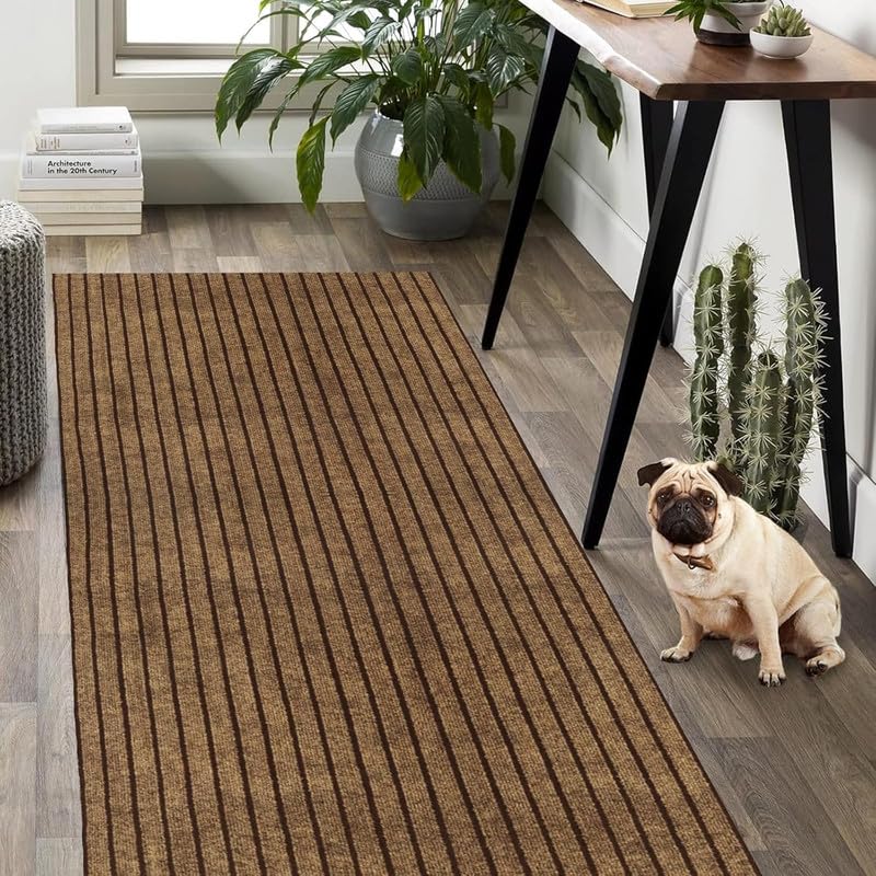 Image of TIB Anti-Slip Door Mat with PVC Rubber Backing, Water & Stain Resistant Striped Floor Mat for Home Entrance, Bathroom & Kitchen, Durable Non-Woven Surface,Easy Clean Doormat,4x6ft,Brown