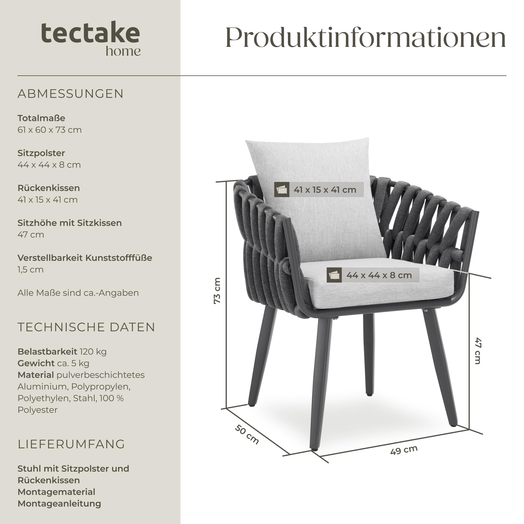 tectake® Gartenstuhl mit Alu Gestell, Outdoor Stuhl aus Metall, Sessel mit Sitzpolster + Kissen, Garten Balkon Terrassenstuhl, Gartensessel, Rope Design Geflecht-Stuhl mit Polster, Lounge wetterfest