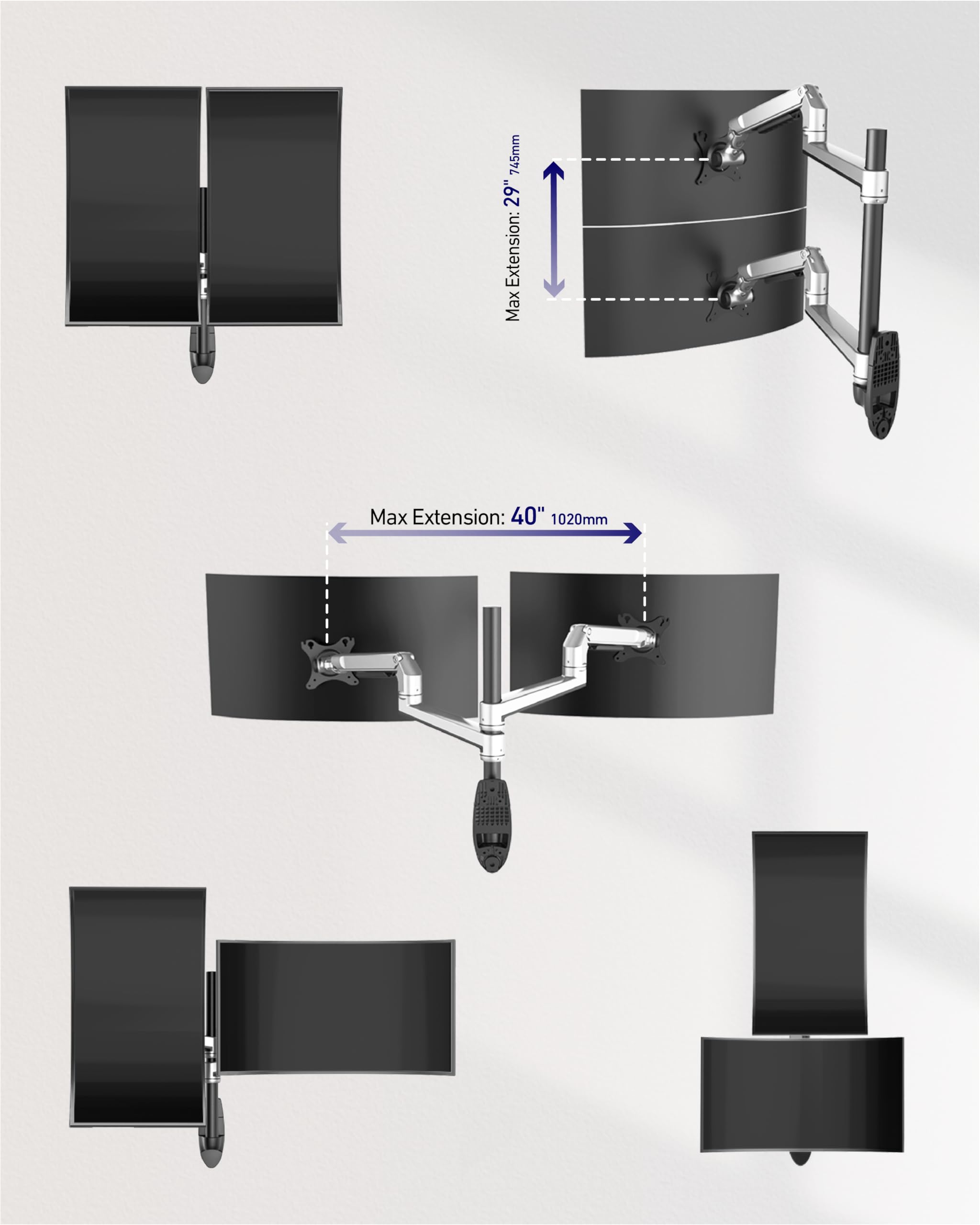 ErgoUnion Dual-Monitor-Wandhalterung für 13-38 Zoll Bildschirm bis 11 Kg, Monitorarm für 2, VESA-Wandhalterung, vollbewegliche verstellbare Computer-Monitorwandhalterung, 75x75/100x100mm, Silber