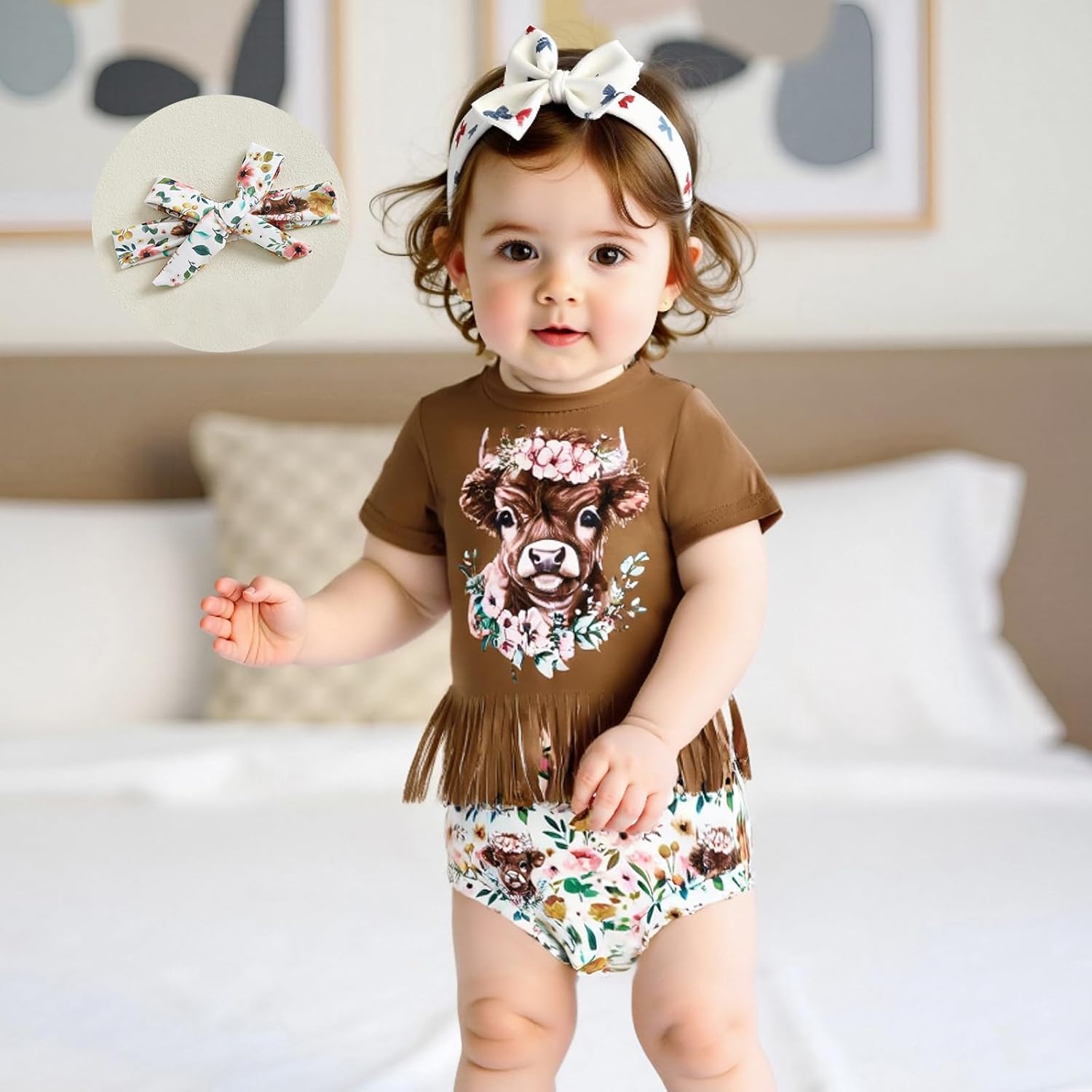 Western Baby Girl Clothes Cowgirl My 1st Rodeo Ruffle Romper Shirt Cow Print Bloomer Shorts 3Pcs Coming Home Outfit - Image 3