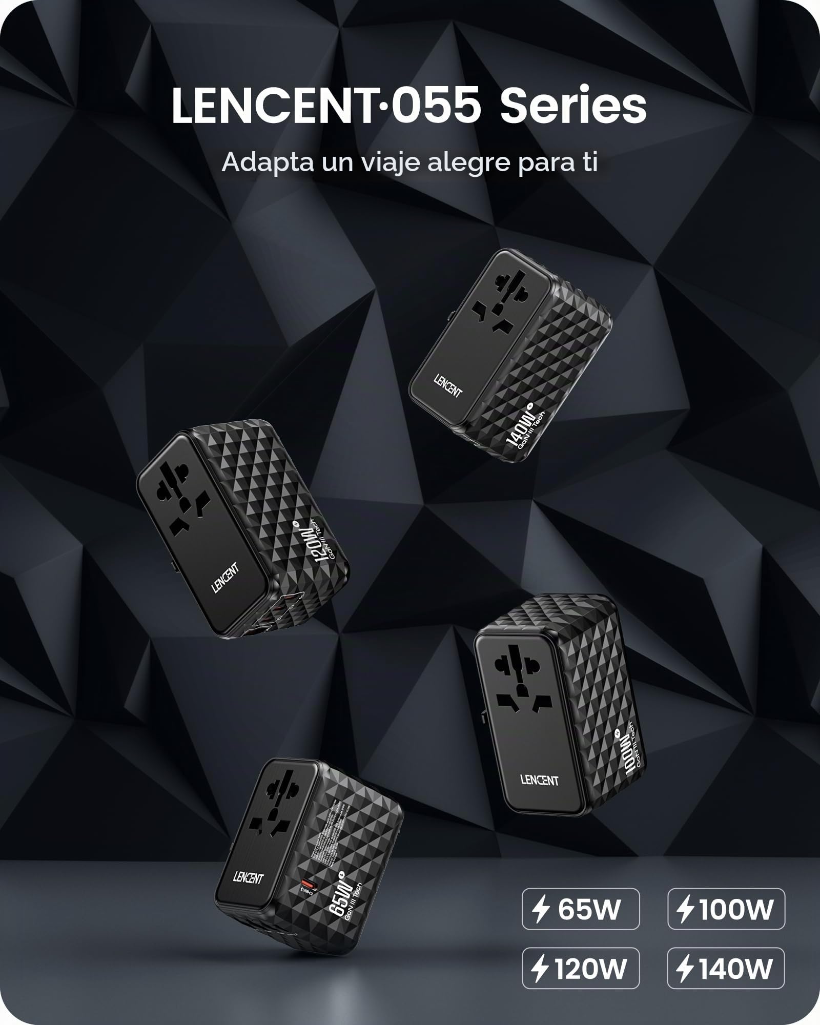 LENCENT Adaptador de Viaje Internacional 140W, Adaptador Universal | 1 USB-A y 3 USB-C, Adaptador Enchufe Carga Rápida para Phone, Teléfono, Ordenadores Portátiles, para EE.UU./UK/EU/AUS, Negro