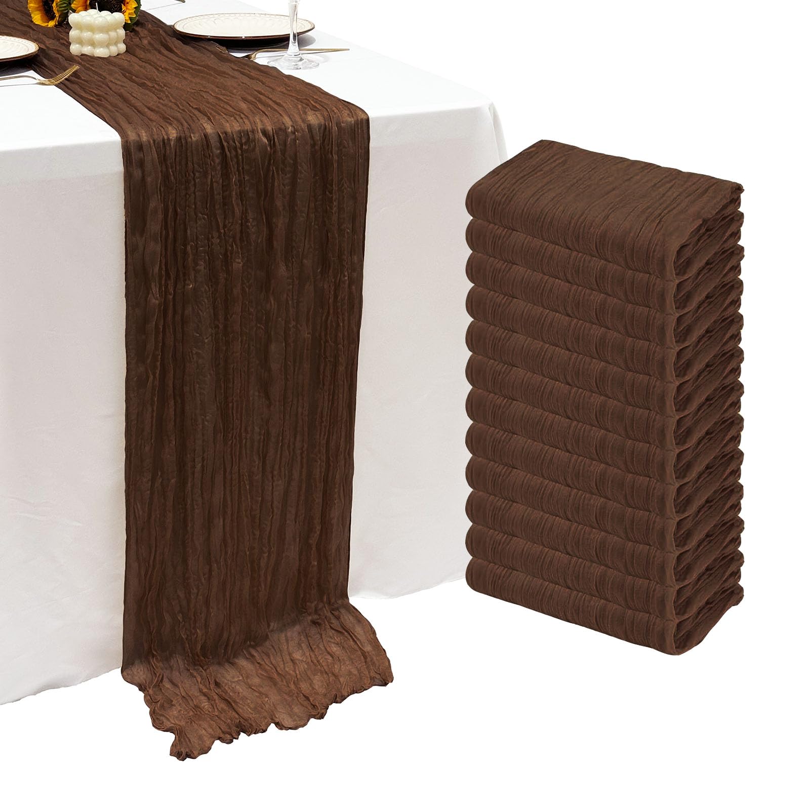Photo 1 of 12Pack Brown Table Runner 10Ft Cheesecloth Table Runner Boho Long Brown Cheese Cloth Table Runners for Wedding Party Bridal Shower Thanksgiving Christmas