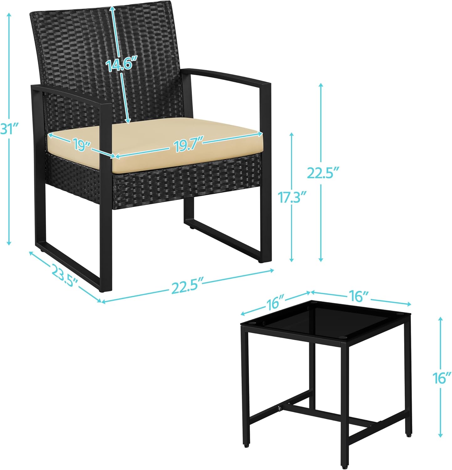 Diagram showing the dimensions of the Yaheetech rattan chair and coffee table.