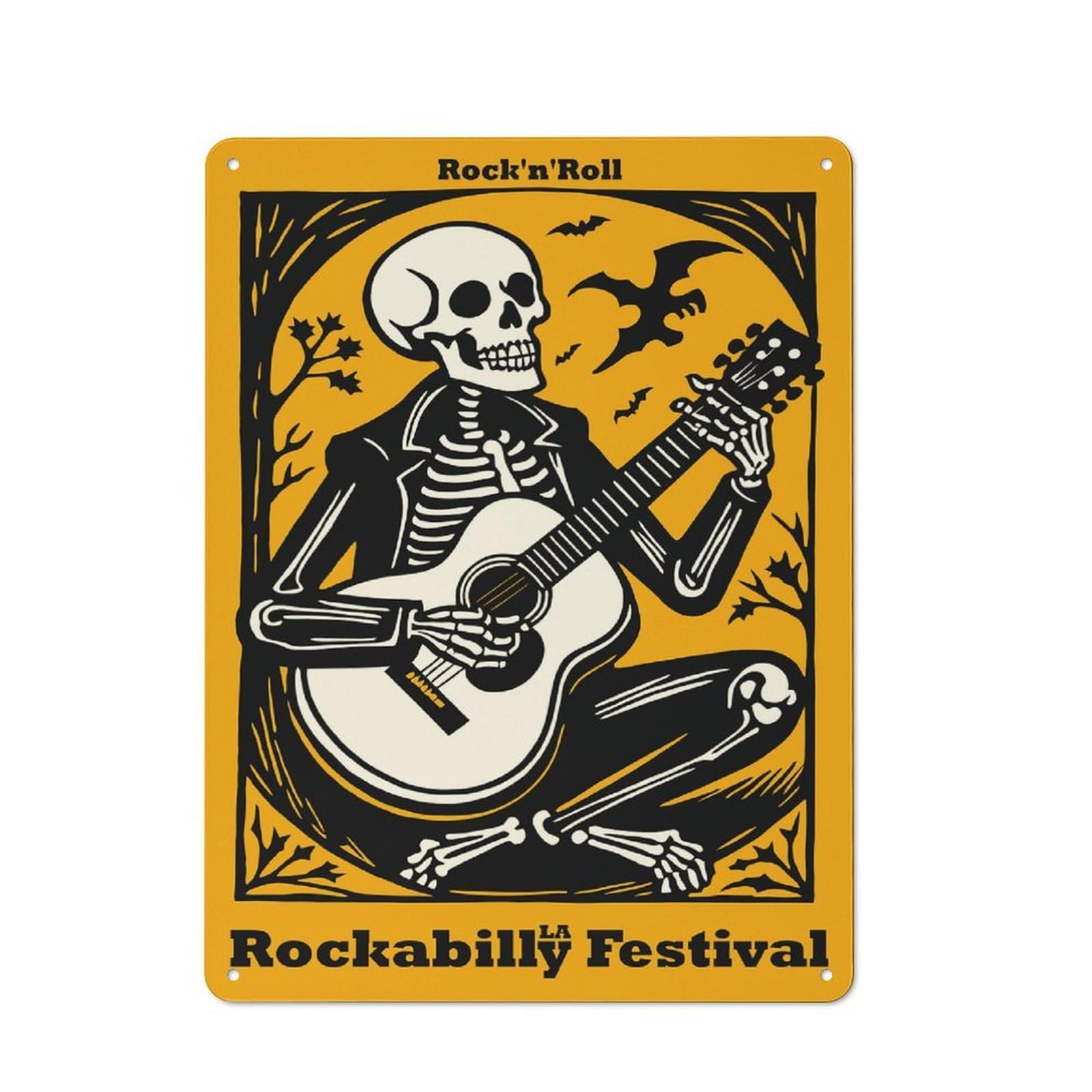Junmoney Style-13 Rockabilly Festival Skeleton Guitarist Country Metal Wall Decor 40X30cm, Decorative Tin Sign For Farmhouse Kitchen, Pantry Or Dining Area