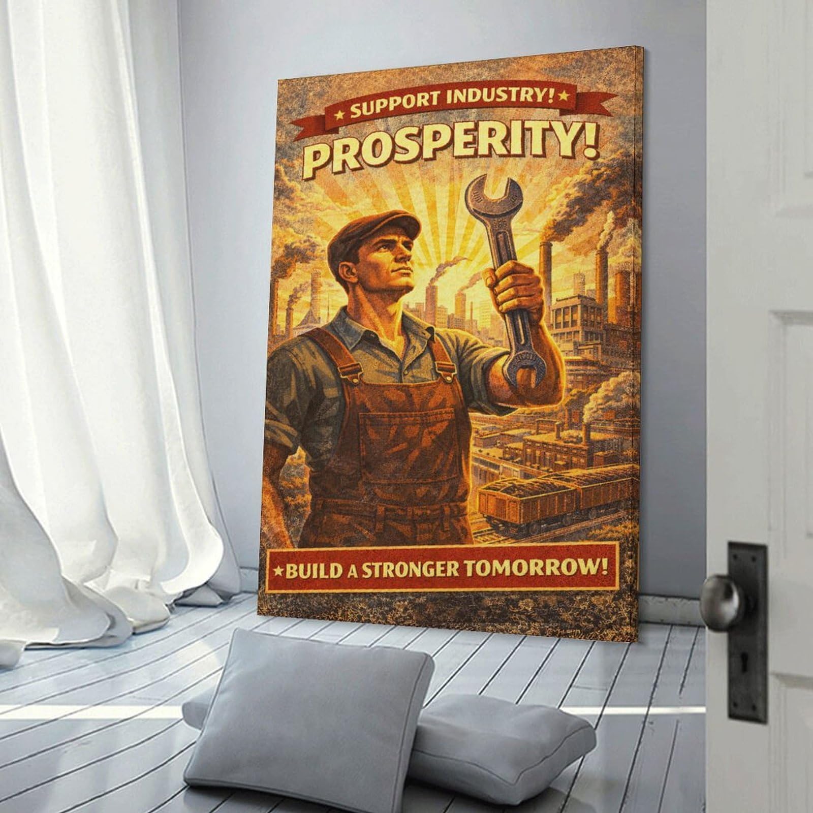 Junmoney Worker Holding Wrench with Industrial Background Canvas Wall Art 24x36inch(60x90cm), for Wall Displays, Bedrooms Or Room Updates, Ideal for Building A Coordinated Art Wall