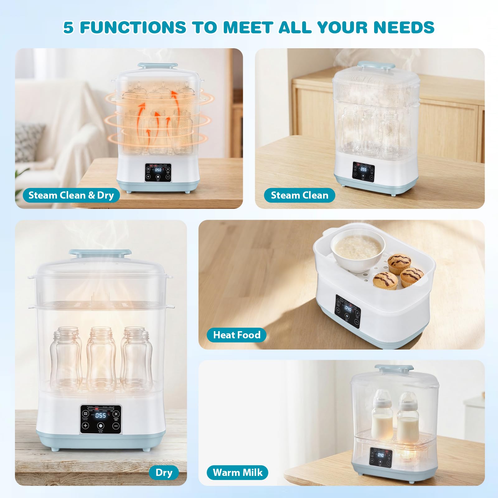Sterilizzatore e asciugatrice per biberon, sterilizzatore elettrico a vapore 5 in 1 con kit di strumenti per la pulizia, sterilizzatore a vapore a 2 strati per biberon, ciucci, accessori per tiralatte