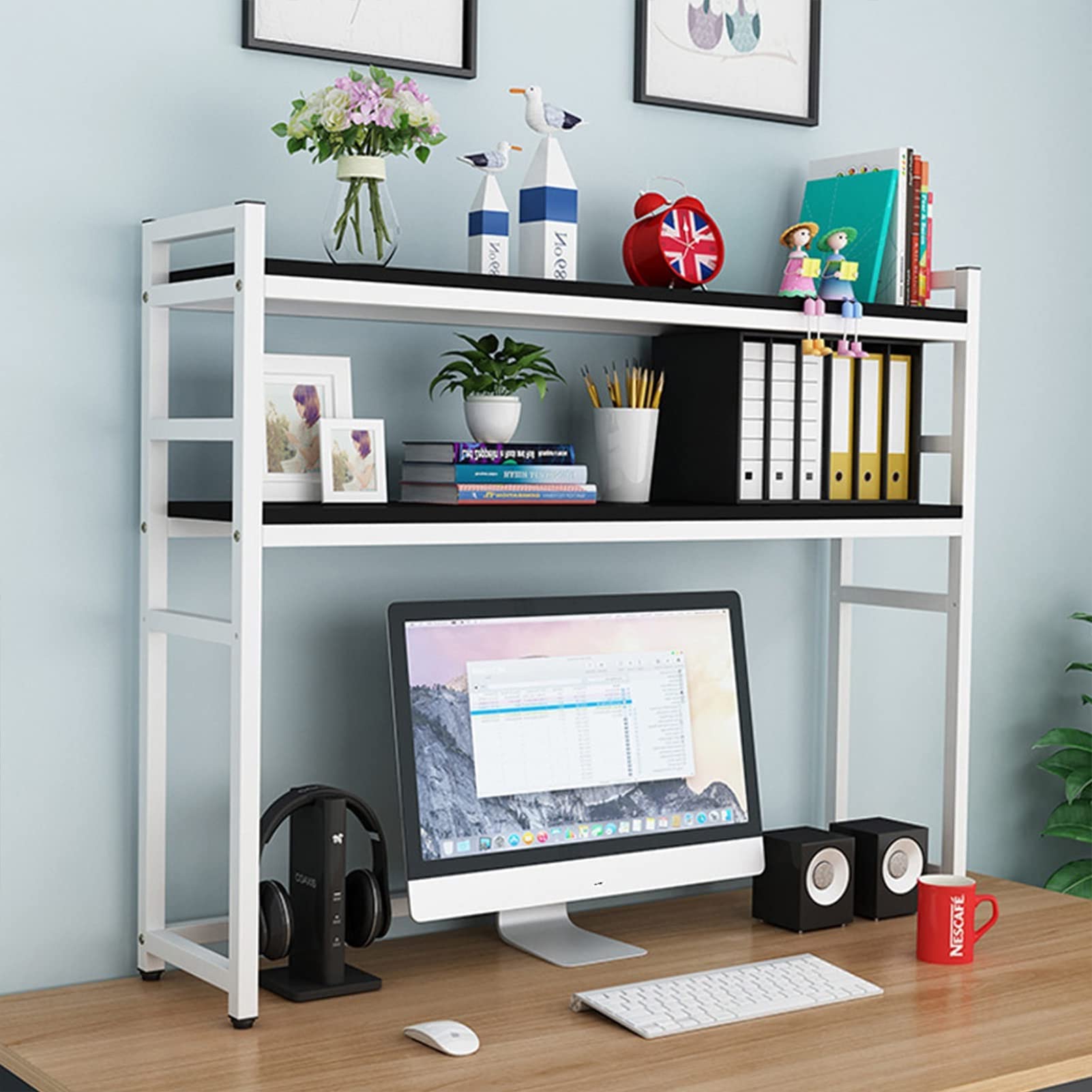 Libreria da scrivania - Organizer Regolabile a 2 Livelli per scrivania del Computer, scaffale espositivo Multiuso in Legno, Accessorio salvaspazio per la scrivania