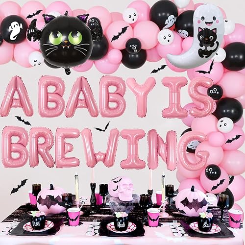 Miniatura 2 de Decoraciones de Halloween para baby shower para niña  Un bebé está preparando globos rosa y negro, kit de arco de guirnalda de globos fantasma,