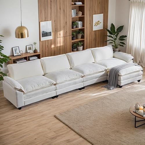 Karl home Sectional Sofa Modular Deep Seat Sofa Couch with Ottoman, Teddy Fleece Sofa Sleeper Comfy Upholstered Furniture for Living Room, Apartment, Studio, Office, (4-Seat & 1-Ottoman, White)