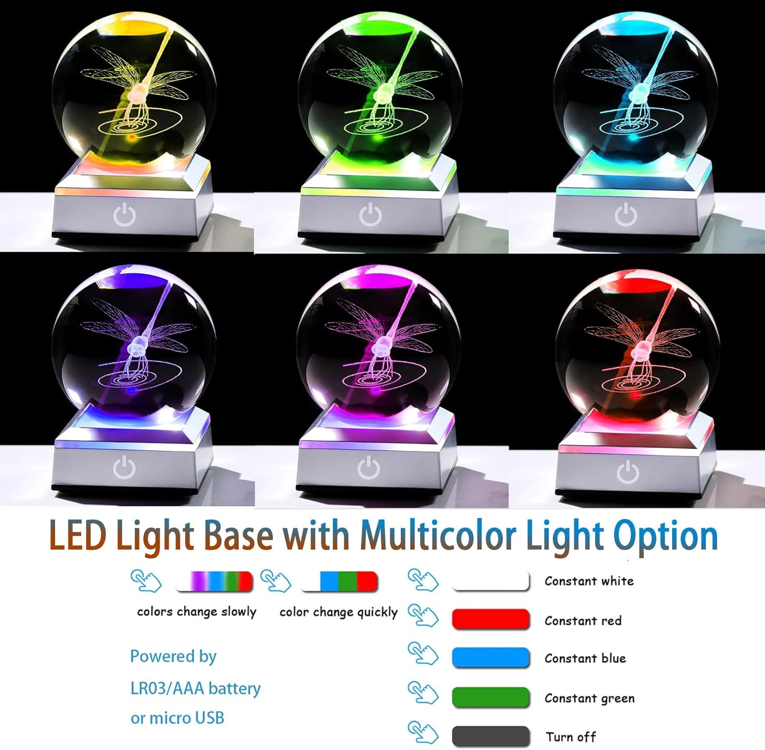Crystal Ball 3D Dragonfly with LED Colorful Base, 3.15" Animal Glass Animal Insect, Dragonfly Gifts for Women Mom for Birthday Christmas Office Home Decor