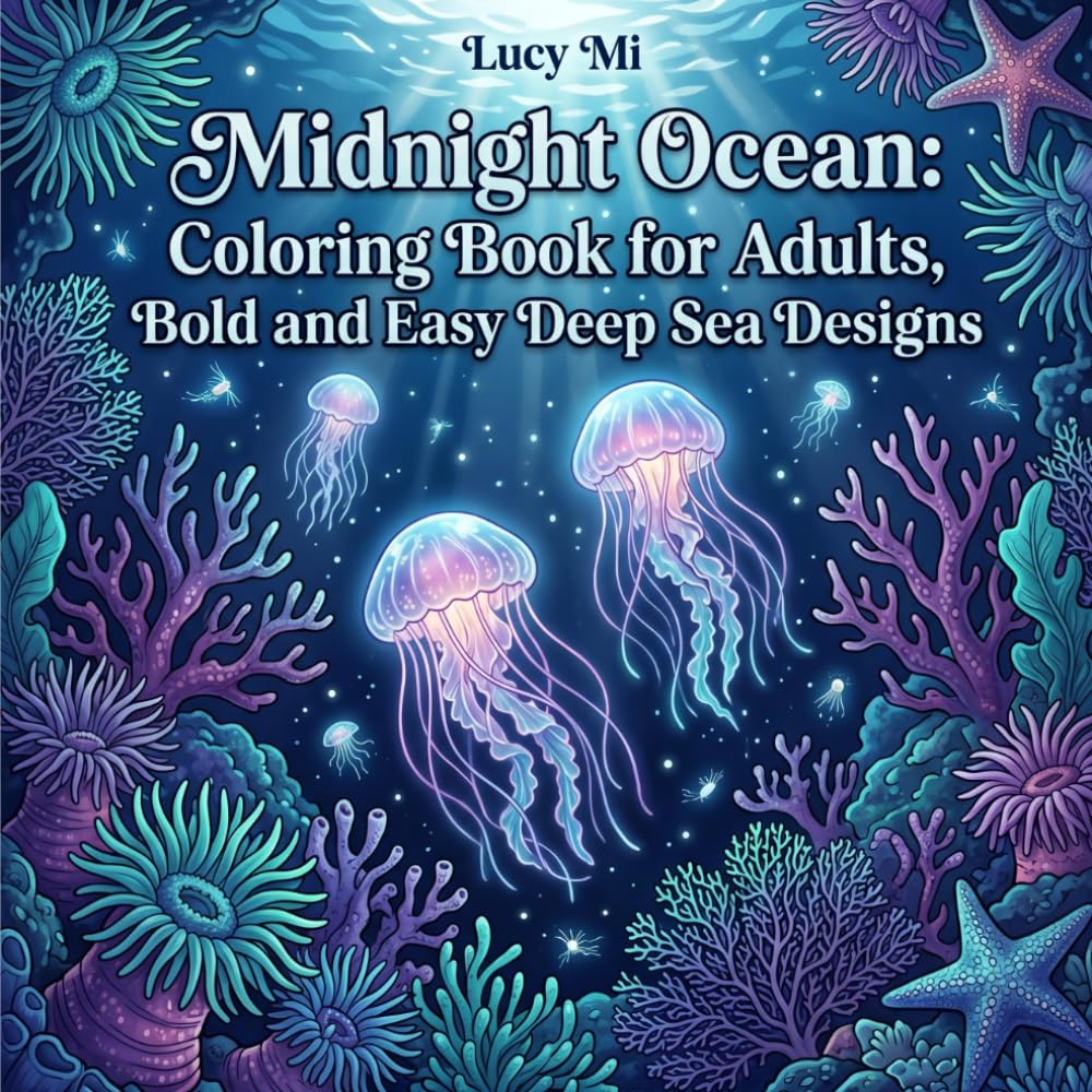 Midnight Ocean: Coloring Book for Adults, Bold and Easy Deep Sea Designs: 40 Bioluminescent Deep Sea Illustrations for Adults | Stress Relief Coloring