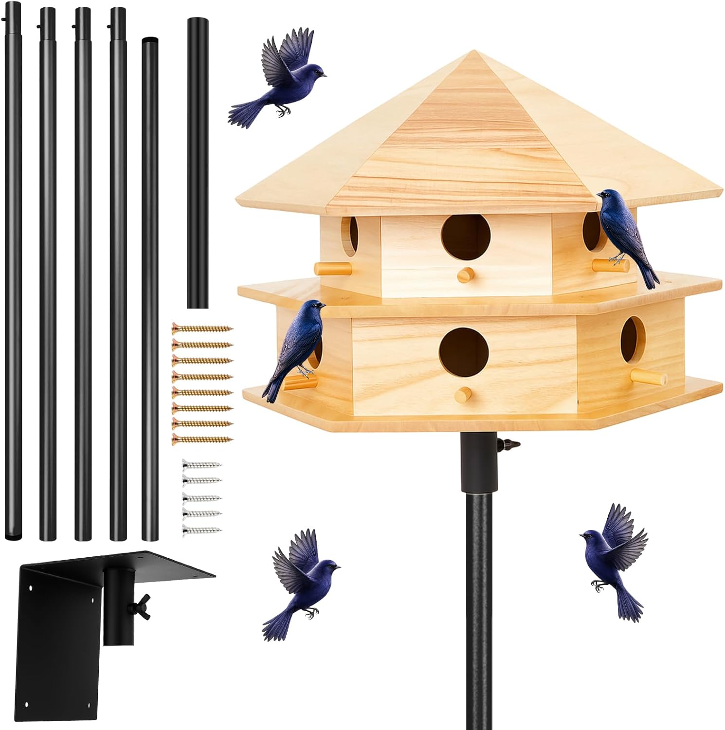 Yaocom 12-Room Purple Martin House Kit with 15ft Adjustable Pole & Ground Socket - Deluxe Birdhouse Setup