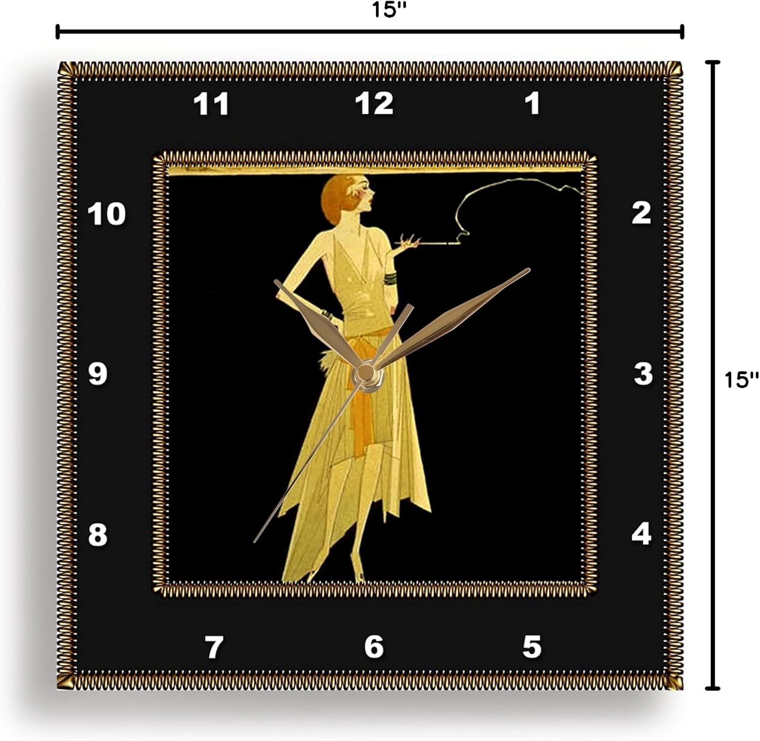 3dRose LLC DPP_39590_3 Wall Clock, 15 by 15-Inch, Art Deco Lady on Black with Gold Frame