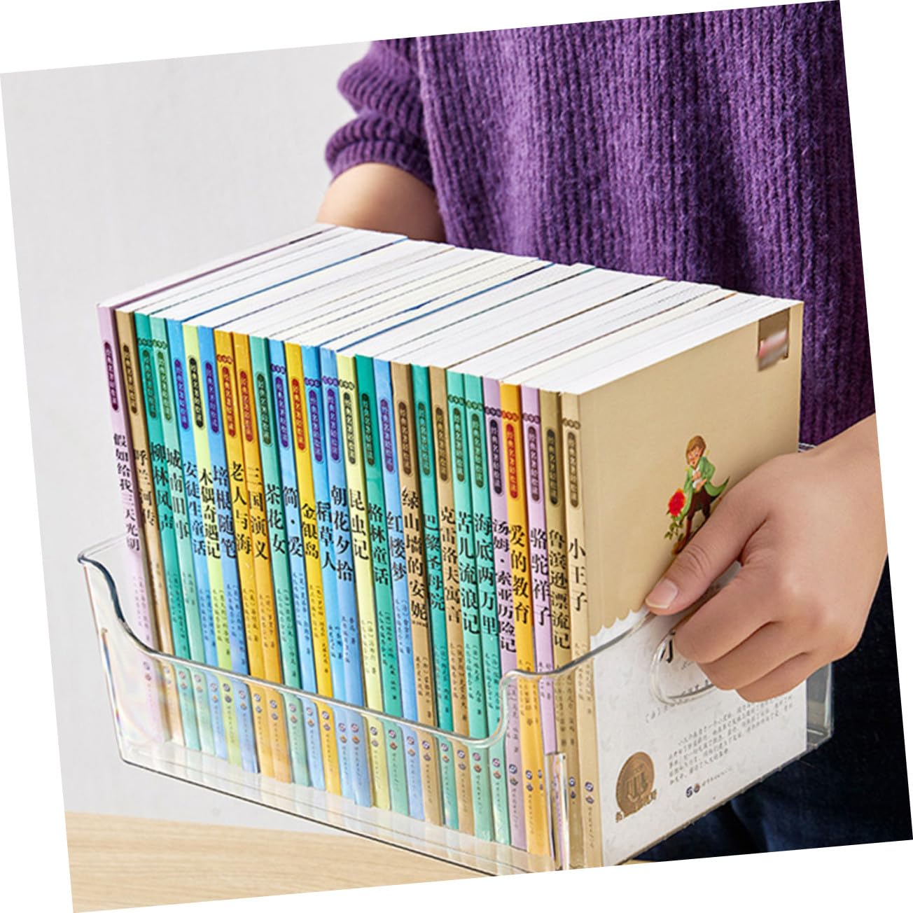 PRETYZOOM Contenitore Trasparente con Manico in Plastica per Libri Scolastici Scatola per Libri Piccoli e Articoli da Cancelleria , Organizzazione Pratica per Aula e Uso Quotidiano