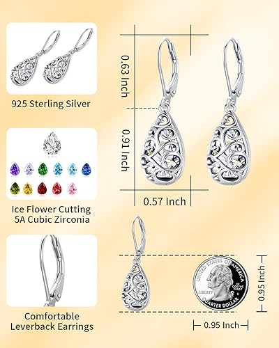 Miniatura 4 de Aretes colgantes de plata esterlina con forma de gota de piedra natal de filigrana 5A con forma de lágrima