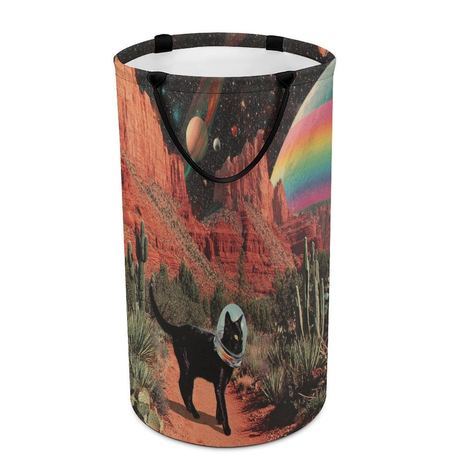 LUYYSKY Vintage Cute Black Cat Versatile Storage Laundry Basket, Retro Alien Theme Outer Space Galaxy Planet Animal Cat Plant Cactus Large Bathroom Laundry Hamper With Handle-40 CM Dia, 69 CM High