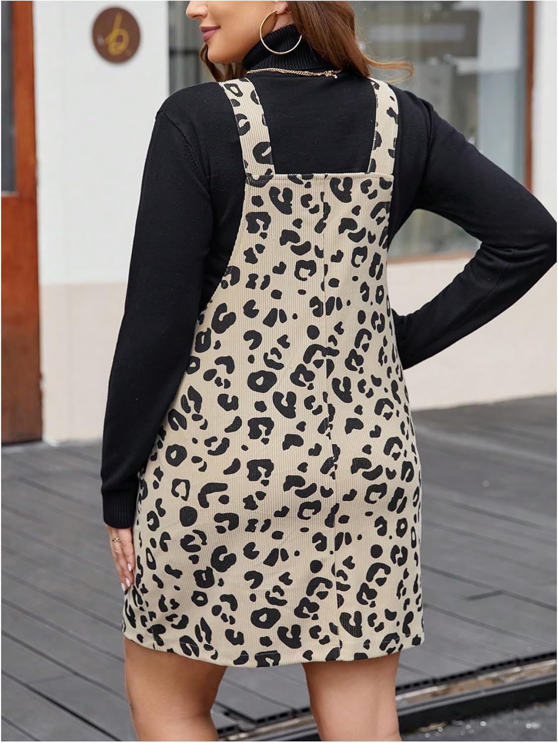 MakeMeChic Women's Plus Size Christmas Overall Dress Leopard Print Pinafore Adjustable Strap Short Dress - Image 2