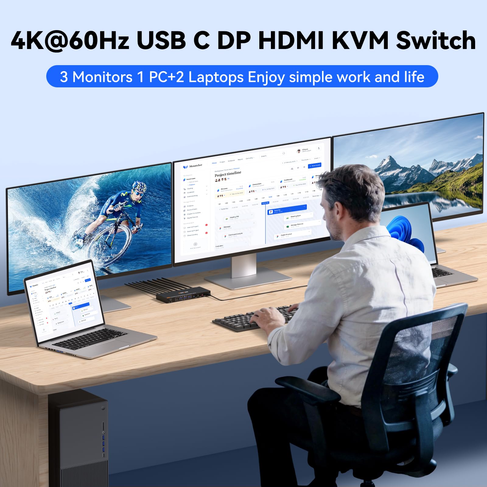 Commutateur KVM USB C DP pour 3 ordinateurs, 3 moniteurs, 4 K/1080p @ 60 Hz MST KVM Switch pour 1 PC et 2 ordinateurs portables Share 3 Moniteurs avec 4 appareils USB 3.0, PD pour ordinateur portable