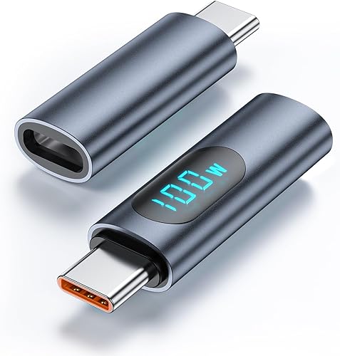 GUUGEI Adaptador USB C Pantalla LED de potencia paquete de 2 PD 100W macho a hembra Tipo C Medidor de potencia rápida, cargador USB-c Adaptador