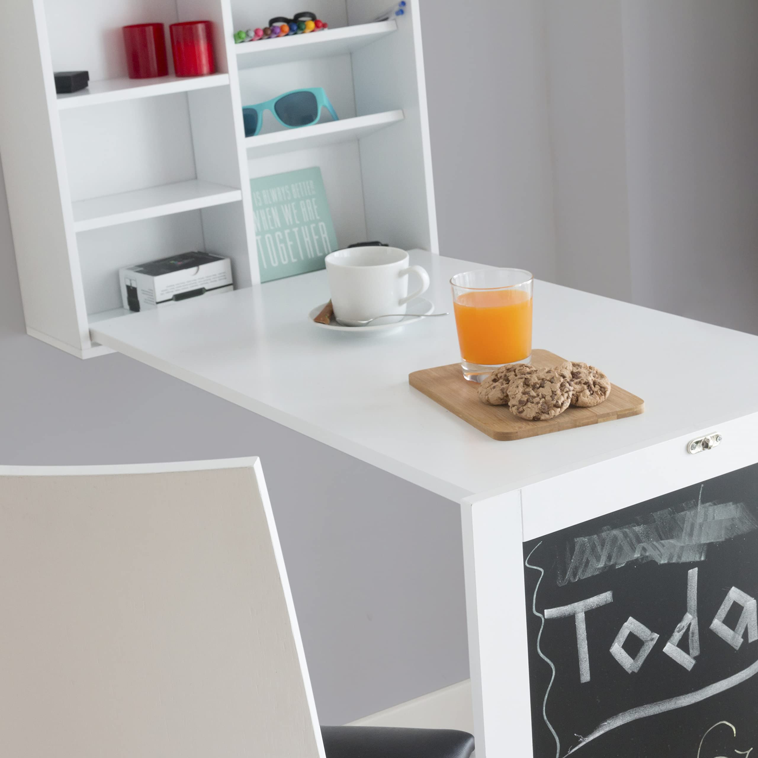 InnovaGoods - Scrivania Pieghevole da Parete Woldy, Design Moderno, Multifunzione con Lavagna e Pannello Sughero, Facile da Montare, Bianco, 80x50x18 cm, Legno