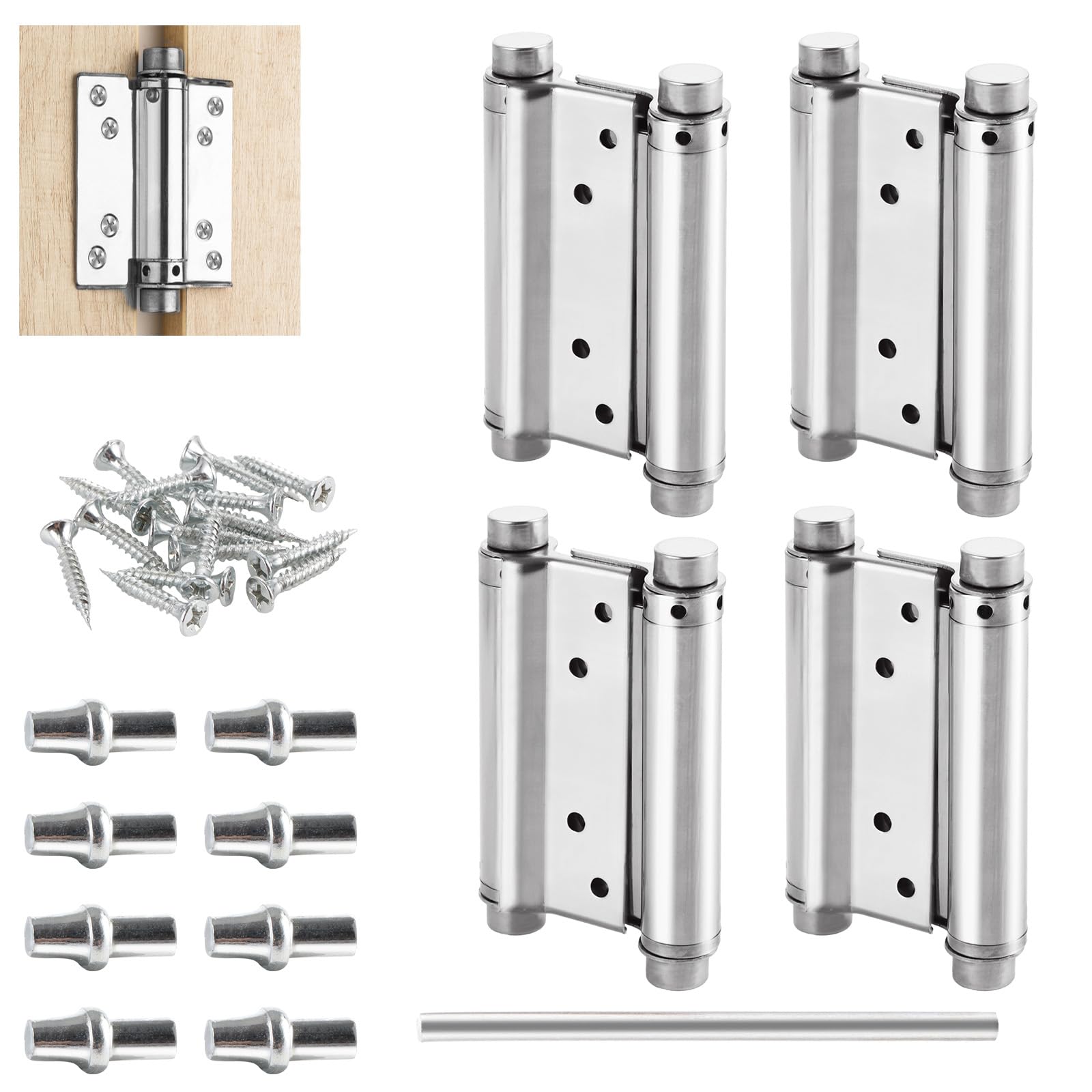 Bisagra para puerta de péndulo (4 unidades, acero inoxidable, 130 mm, cierre automático, 15 kg de capacidad de carga, bisagra de resorte para mostrador, puerta batiente y puertas de madera (4