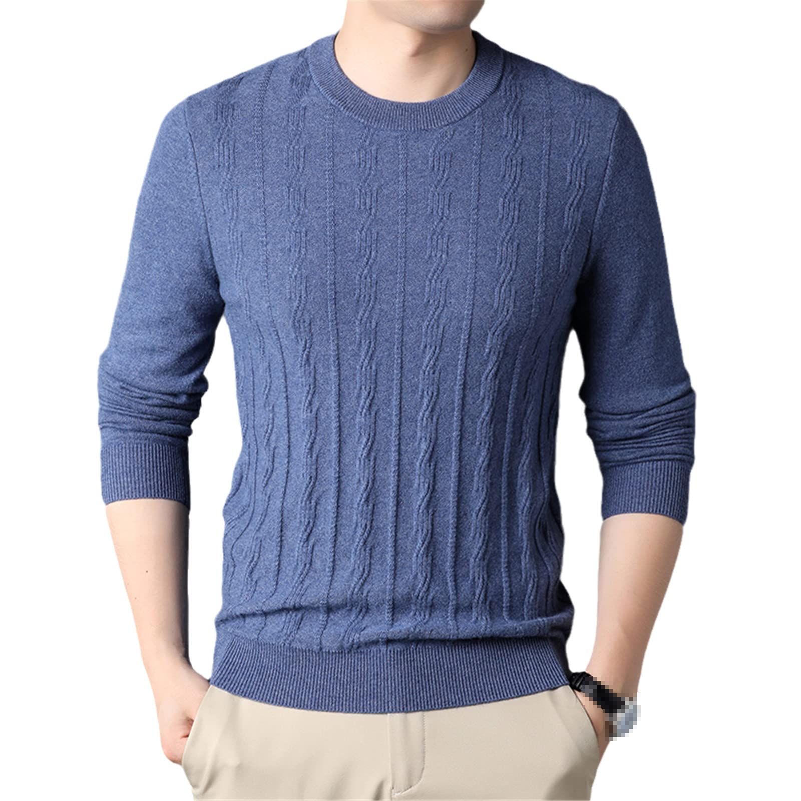 Vogrtcc Herbst und Winter handgestrickter Kaschmirpullover Mittelalter und Junge Herren Pullover Rundhals Kaschmir Pullover, hellblau, Medium