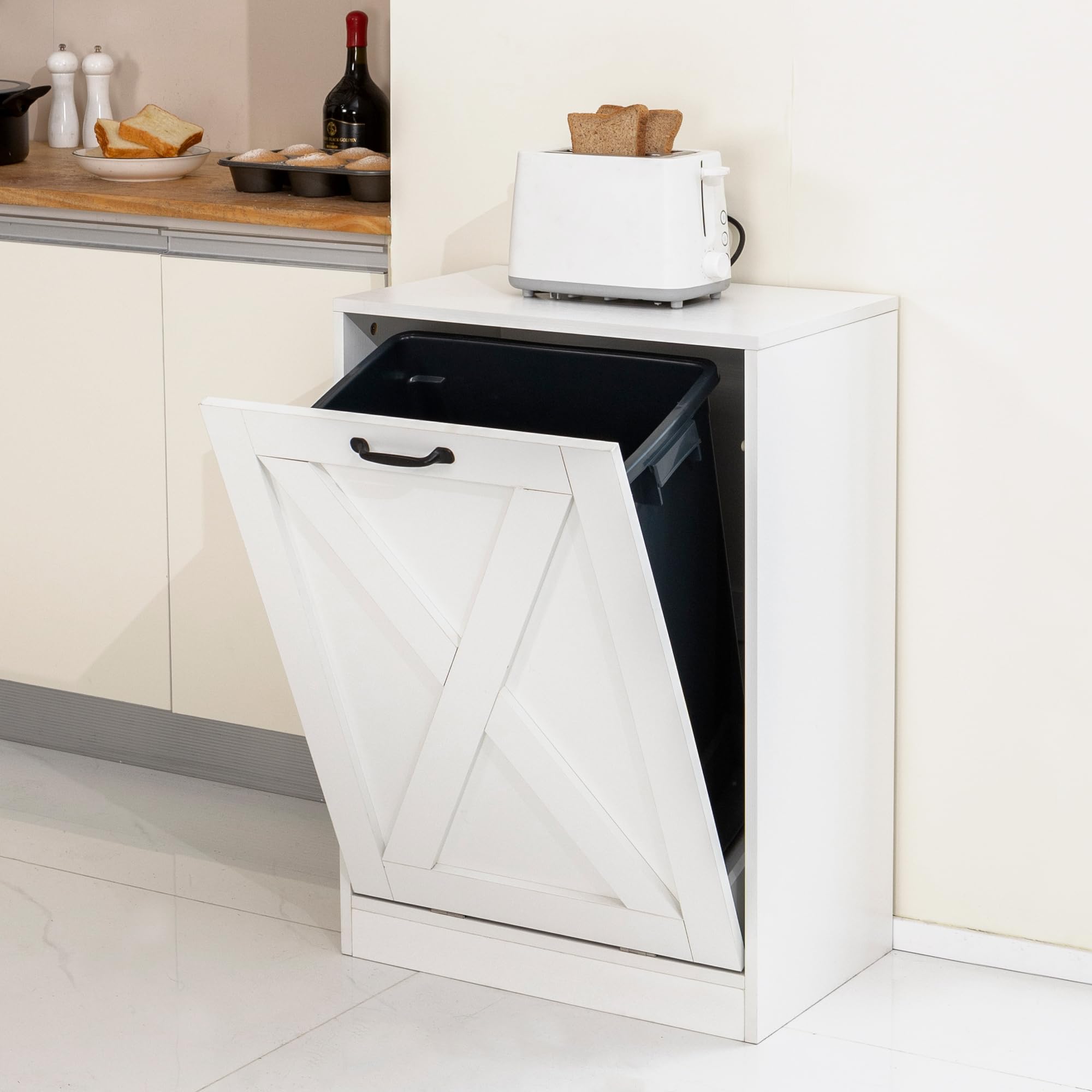 13 Gallons Tilt Out Trash Can Cabinet, Wooden Free Standing Kichen Waste Bin Recycling Cabinet Hidden Trash Cabinet Laundry Cabinet Pet Food Cabinet (White)