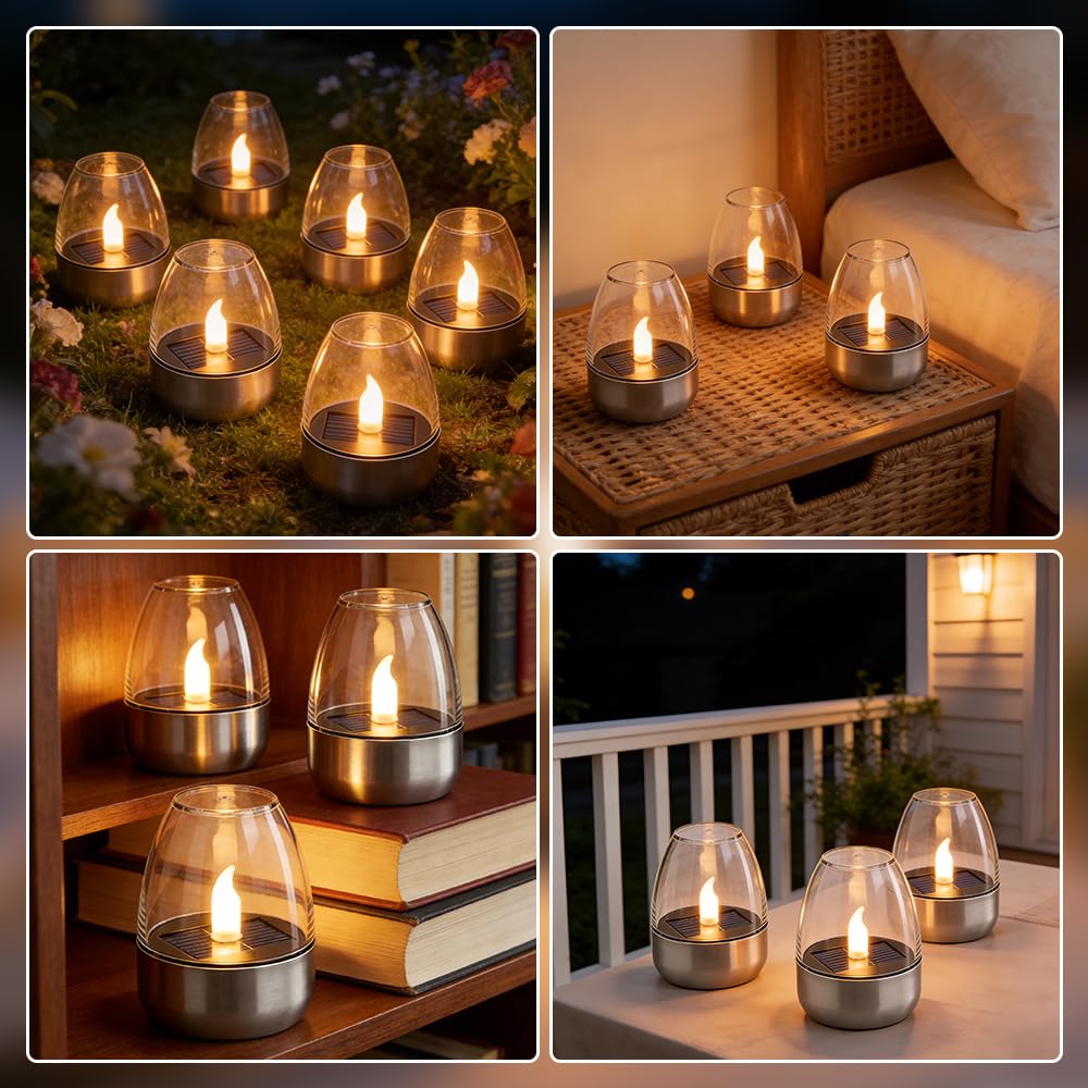 6 Piezas Velas Solares Exterior,Vela Solar Exterior,Velas Led Efecto Llama para Exteriores Resistente A La Intemperie Jardín Terraza Balcón Decoración