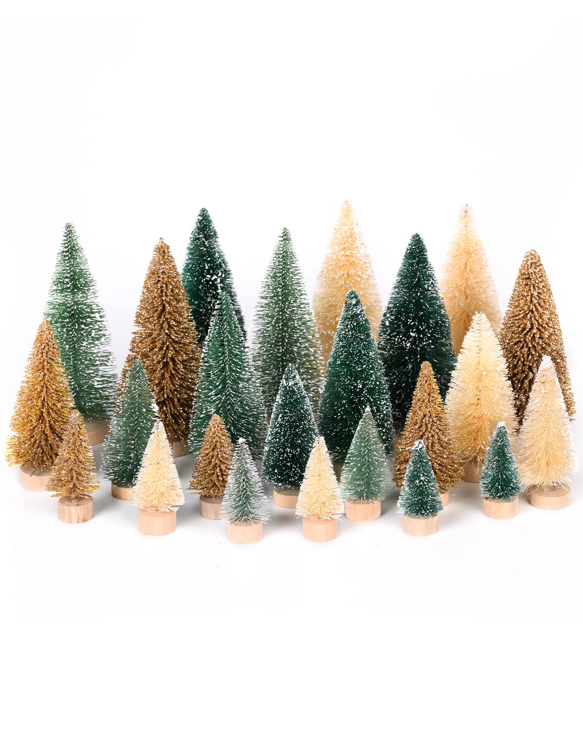 DDHS 24PCS Artificial Mini Christmas Trees, Upgraded 4-Color Bottle Brush Christmas Tree with Wooden Base, Artificial Frosted Sisal Christmas Tree Furniture Desktop Decoration Winter Crafts Ornaments