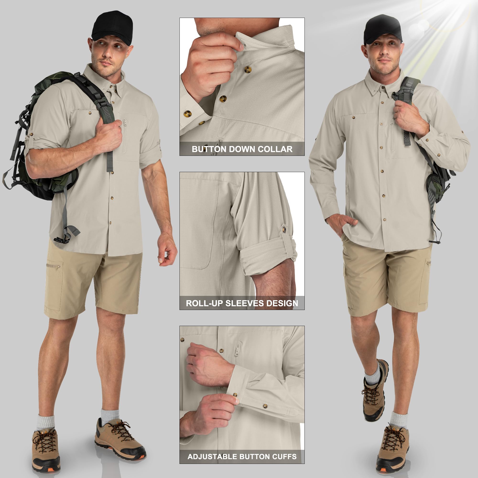 33,000ft Safari Camicia sportiva da uomo a maniche lunghe, UPF50+, protezione UV, traspirante, con bottoni, per escursioni, pesca, viaggi