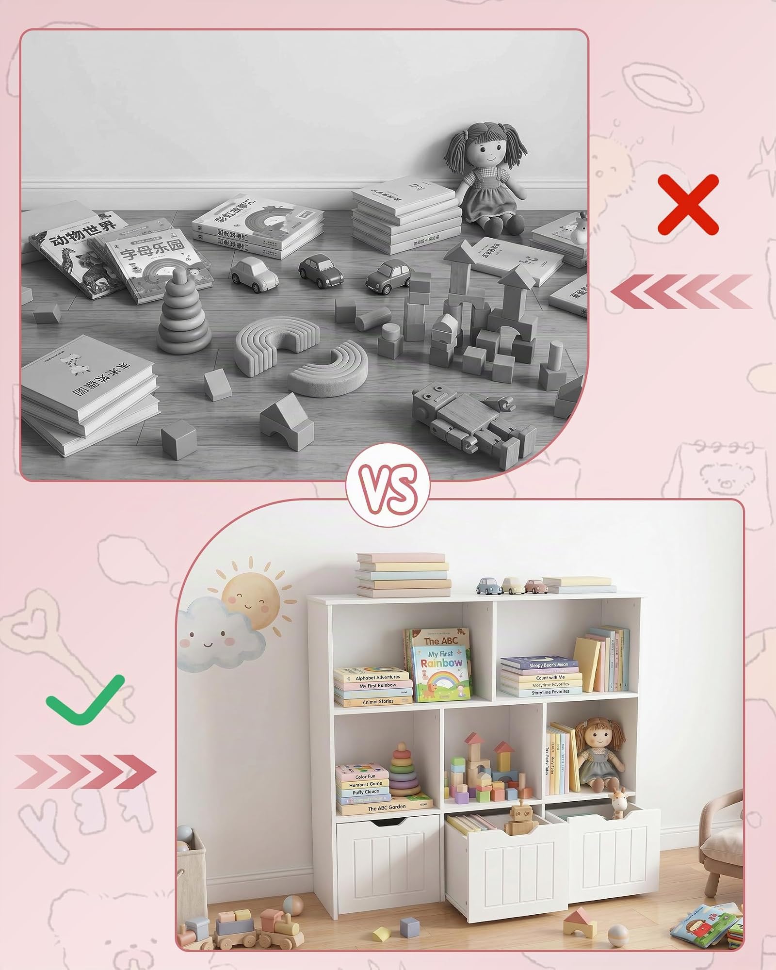 Estanteria Infantil con 5 Compartimentos, Organizador de Juguetes con 3 Cajones, Mueble Almacenaje Juguetes, Librería Montessori, Estante para Niños, Blanco 100x33x89.5cm