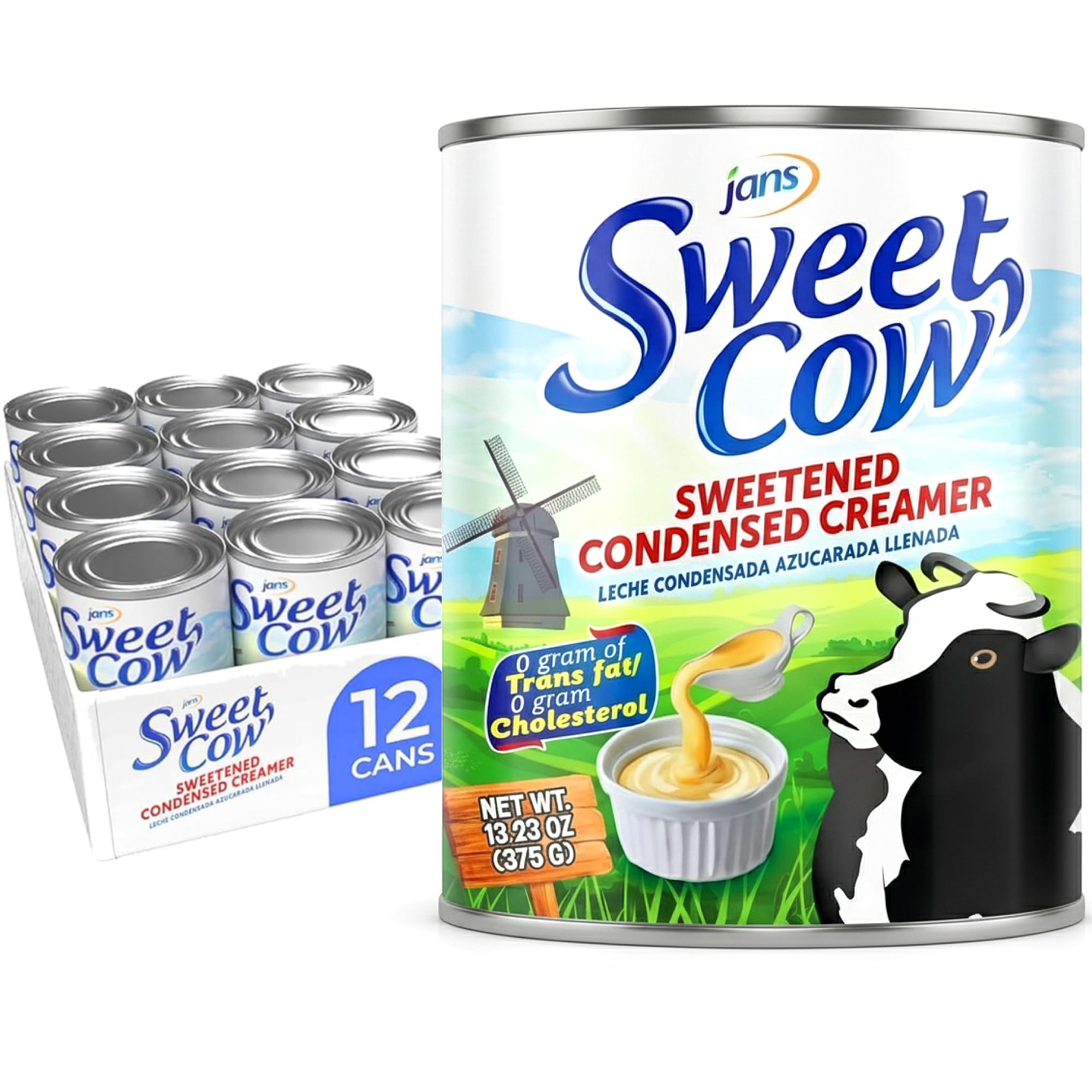 Jans Sweet Cow Condensed Milk (375g, Pack of 12) Sweetened Condensed Milk Canned Creamer for Baking, Leche Condensada