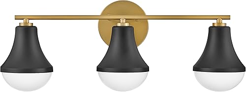 Lark Haddie 85513BK - Moderno tocador de baño de tres luces, se monta arriba o abajo, persianas aseguradas en su lugar, negro + latón lacado