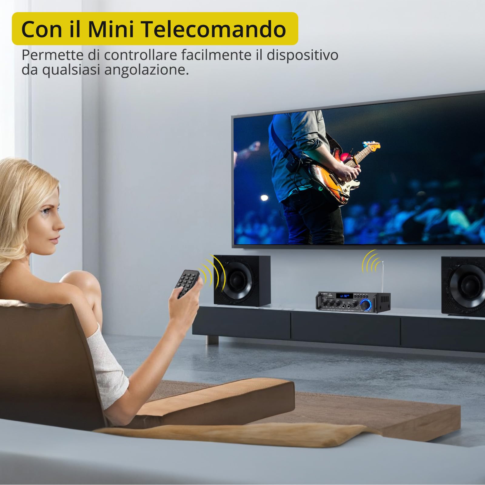 PROZOR Amplificatore Stereo Bluetooth a Due Canali Amplificatore HIFI con Più Modalità di Ingresso e Uscita Amplificatore Audio 50W+50W con Mini Telecomando Amplificatore per Karaoke Home Cinema