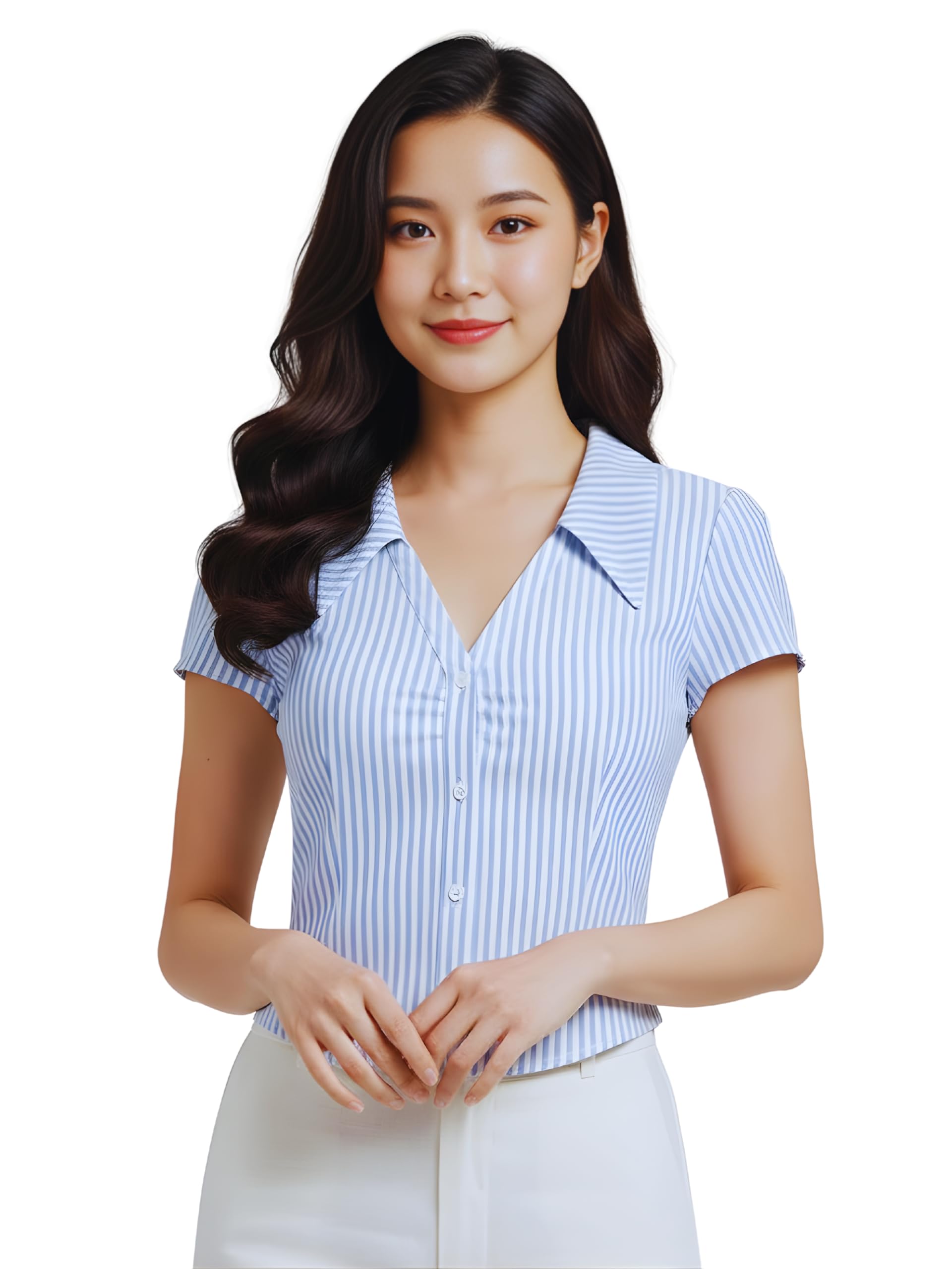 ezlia Women's Blue & White Striped Button-Down Crop Top-picture-45